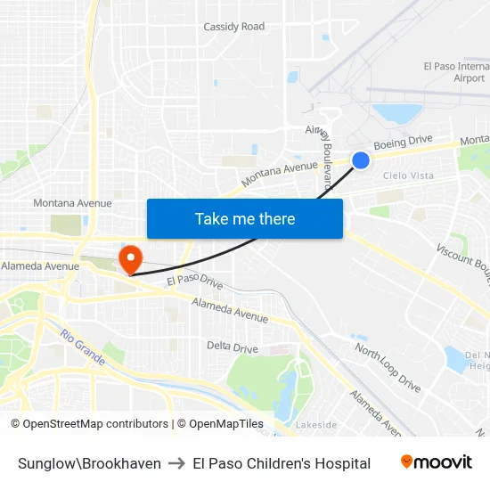 Sunglow\Brookhaven to El Paso Children's Hospital map