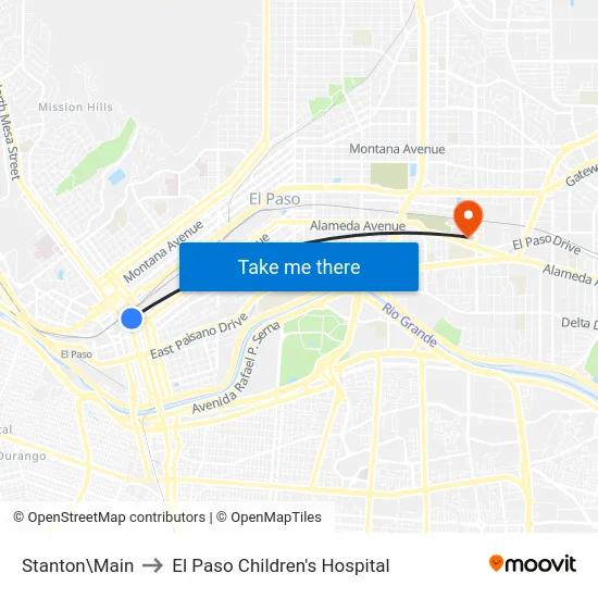 Stanton\Main to El Paso Children's Hospital map