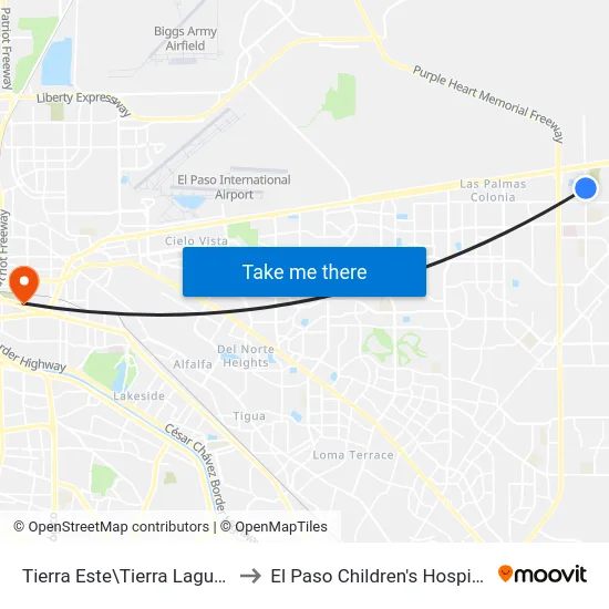 Tierra Este\Tierra Laguna to El Paso Children's Hospital map