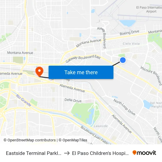 Eastside Terminal Parklot to El Paso Children's Hospital map