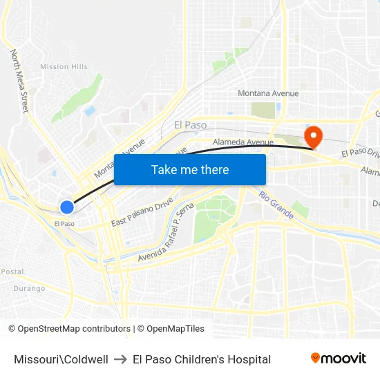 Missouri\Coldwell to El Paso Children's Hospital map