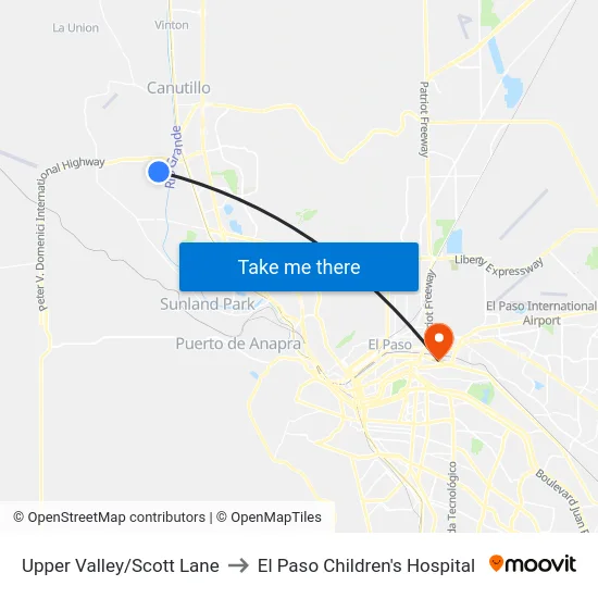 Upper Valley/Scott Lane to El Paso Children's Hospital map