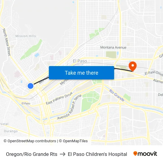 Oregon/Rio Grande Rts to El Paso Children's Hospital map