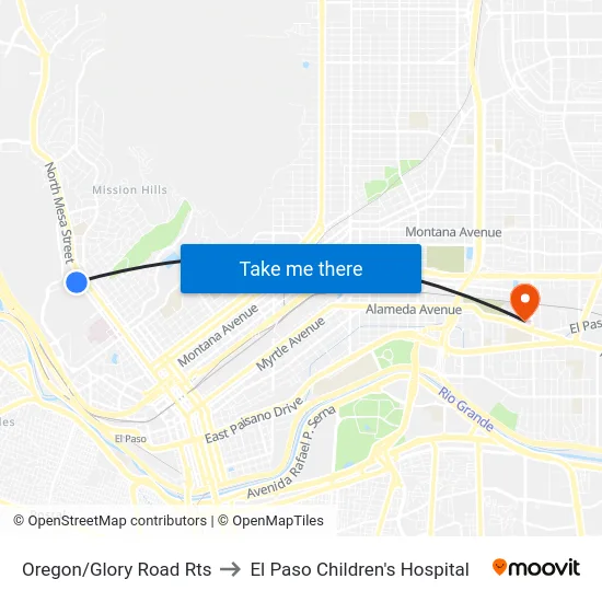 Oregon/Glory Road Rts to El Paso Children's Hospital map