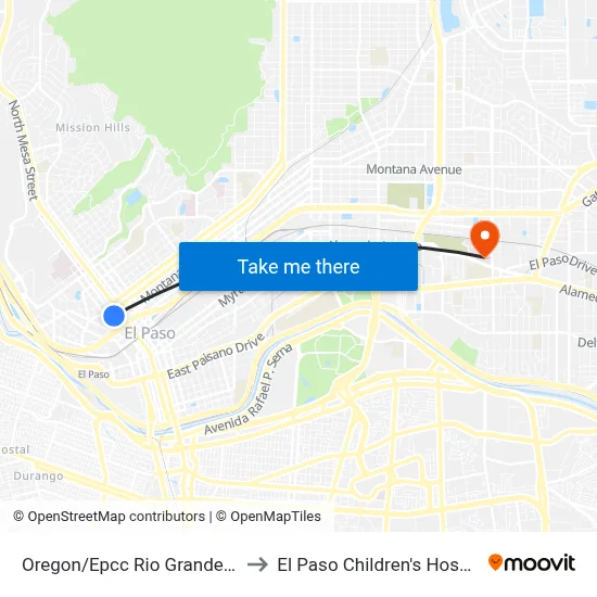 Oregon/Epcc Rio Grande Rts to El Paso Children's Hospital map