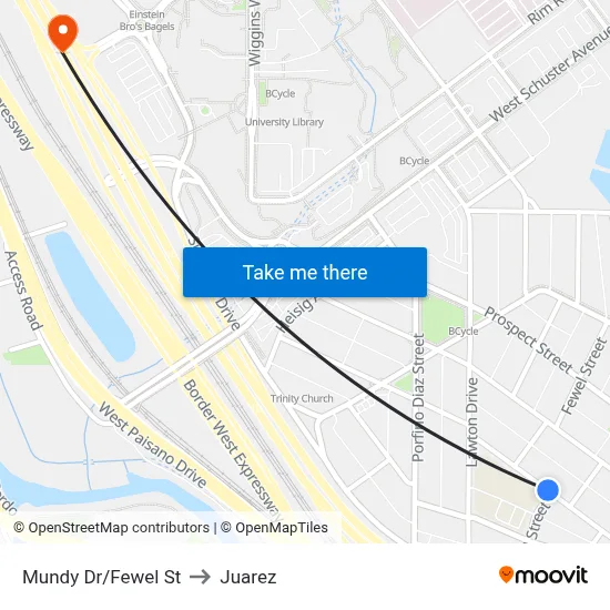 Mundy Dr/Fewel St to Juarez map