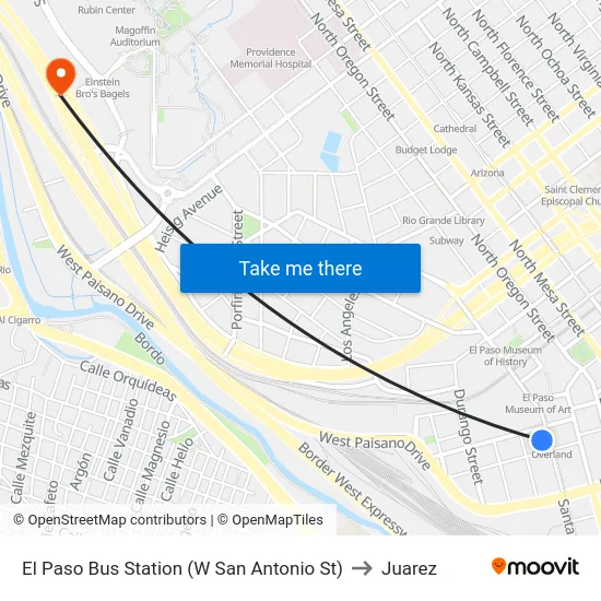 El Paso Bus Station (W San Antonio St) to Juarez map