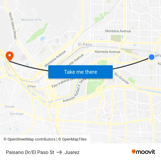 Paisano Dr/El Paso St to Juarez map