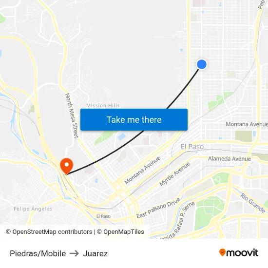 Piedras/Mobile to Juarez map
