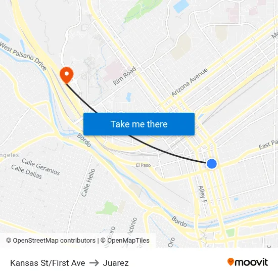 Kansas St/First Ave to Juarez map