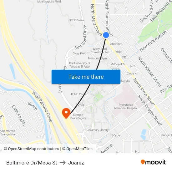 Baltimore Dr/Mesa St to Juarez map