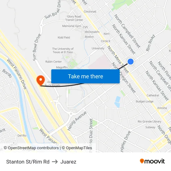 Stanton St/Rim Rd to Juarez map