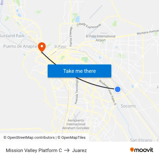 Mission Valley Platform C to Juarez map