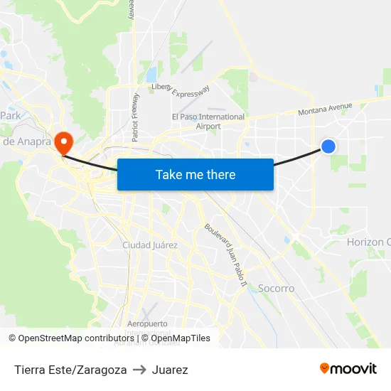 Tierra Este/Zaragoza to Juarez map