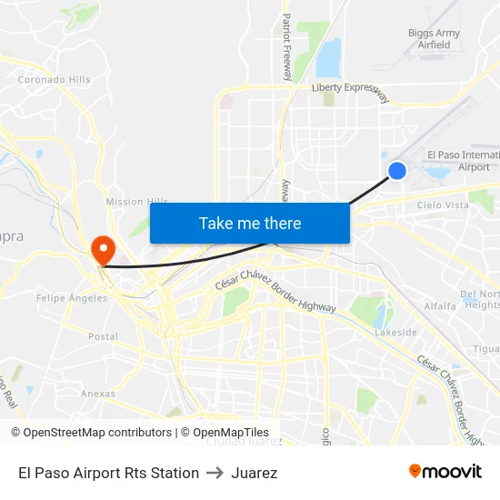 El Paso Airport Rts Station to Juarez map