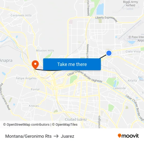 Montana/Geronimo Rts to Juarez map