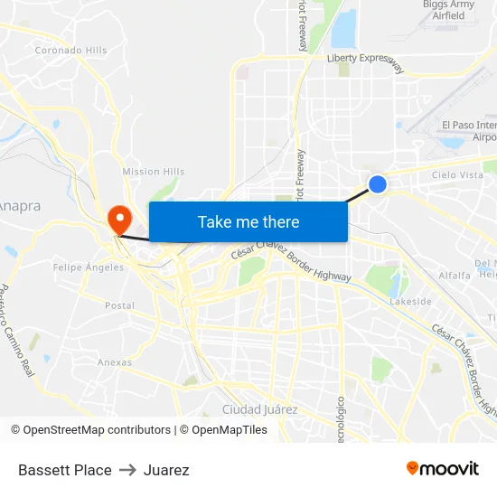 Bassett Place to Juarez map