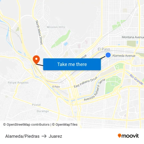 Alameda/Piedras to Juarez map