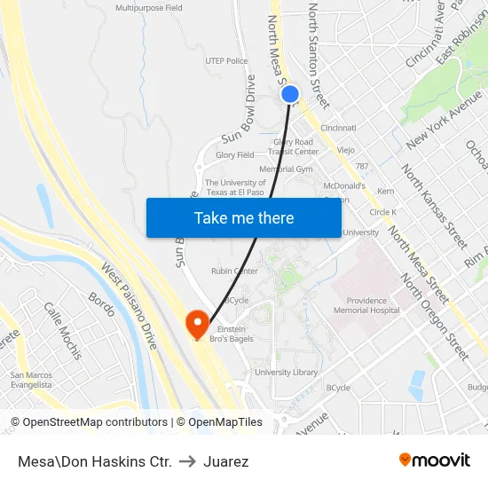 Mesa\Don Haskins Ctr. to Juarez map