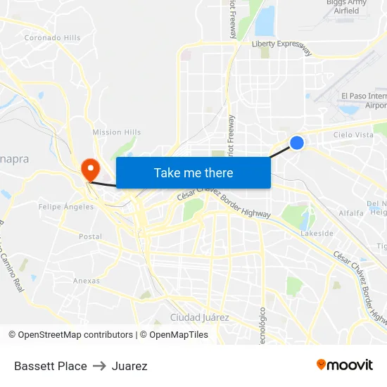 Bassett Place to Juarez map