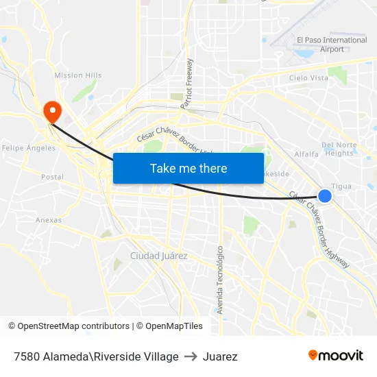 7580 Alameda\Riverside Village to Juarez map