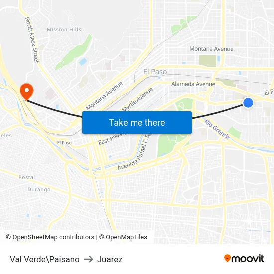 Val Verde\Paisano to Juarez map