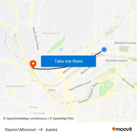 Raynor\Missouri to Juarez map