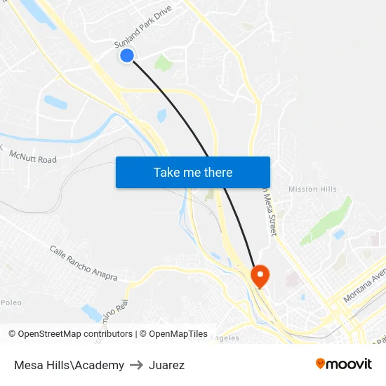 Mesa Hills\Academy to Juarez map