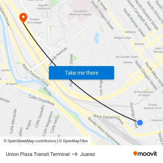 Union Plaza Transit Terminal to Juarez map