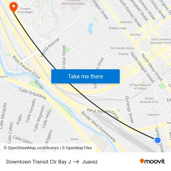 Downtown Transit Ctr Bay J to Juarez map