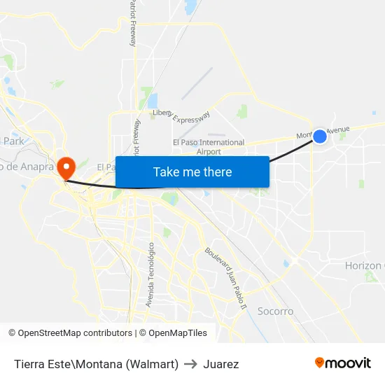 Tierra Este\Montana (Walmart) to Juarez map