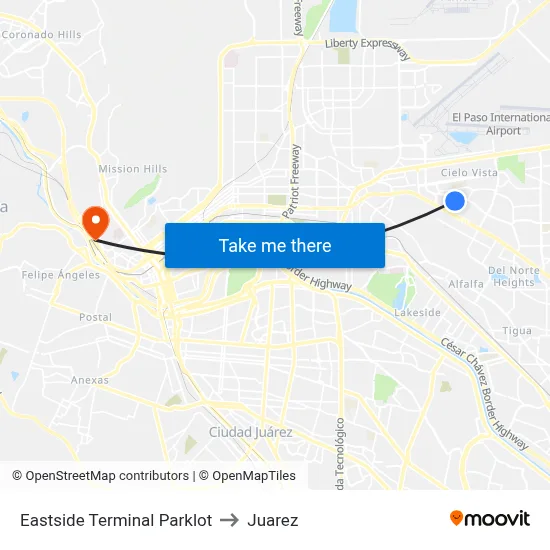 Eastside Terminal Parklot to Juarez map