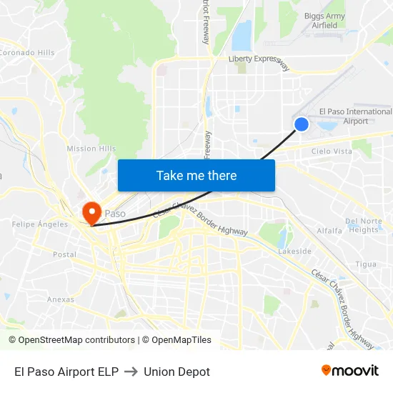 El Paso Airport ELP to Union Depot map