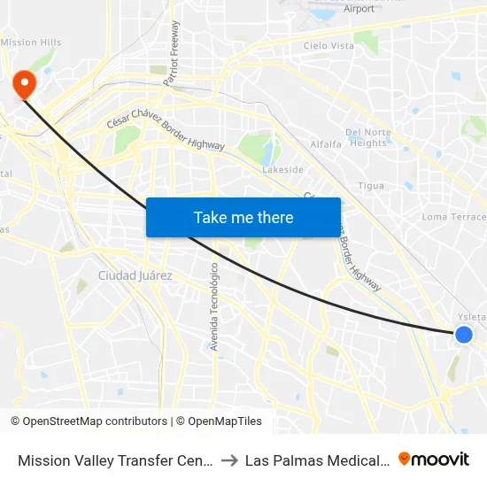 Mission Valley Transfer Center Bay G to Las Palmas Medical Center map