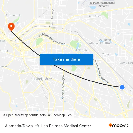 Alameda/Davis to Las Palmas Medical Center map