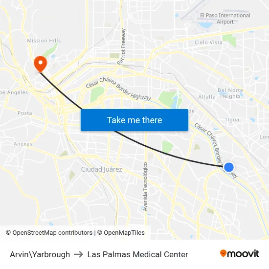 Arvin\Yarbrough to Las Palmas Medical Center map