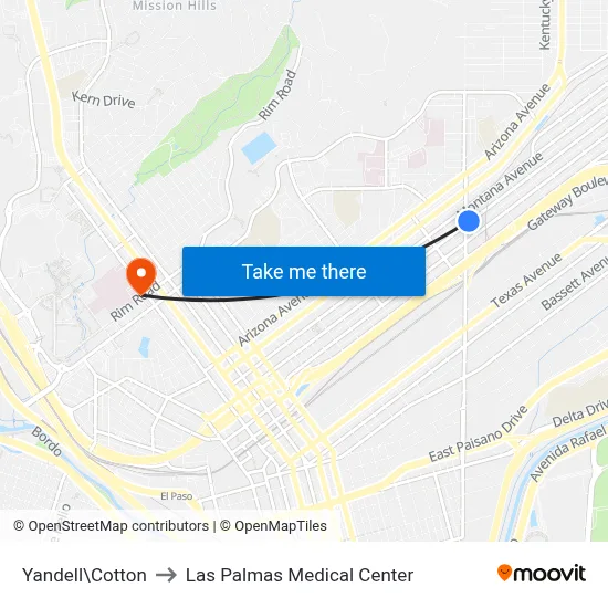 Yandell\Cotton to Las Palmas Medical Center map