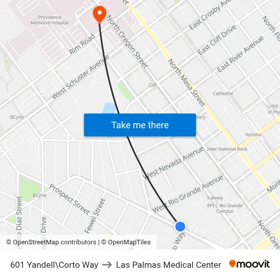 601 Yandell\Corto Way to Las Palmas Medical Center map