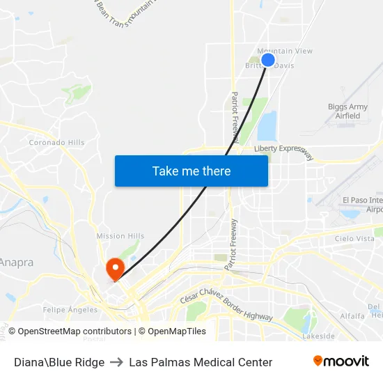 Diana\Blue Ridge to Las Palmas Medical Center map