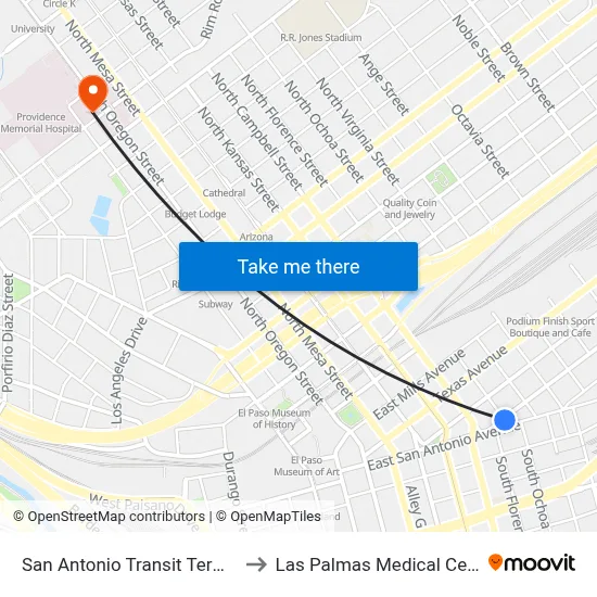 San Antonio Transit Terminal to Las Palmas Medical Center map