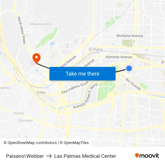 Paisano\Webber to Las Palmas Medical Center map