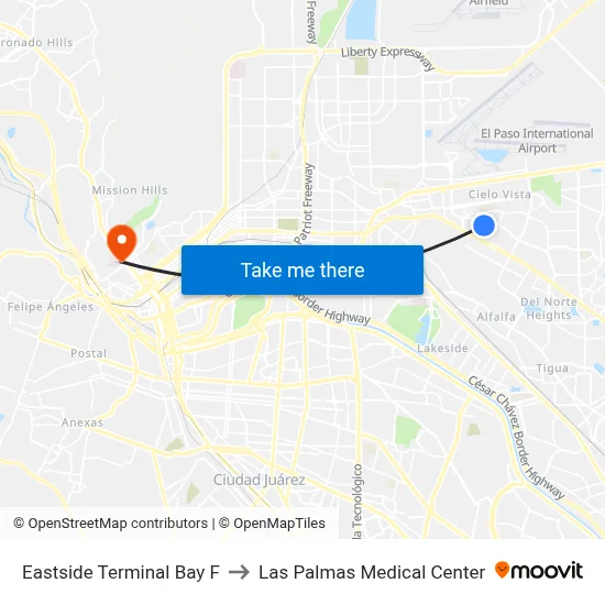 Eastside Terminal Bay F to Las Palmas Medical Center map