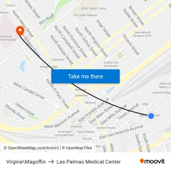 Virgina\Magoffin to Las Palmas Medical Center map