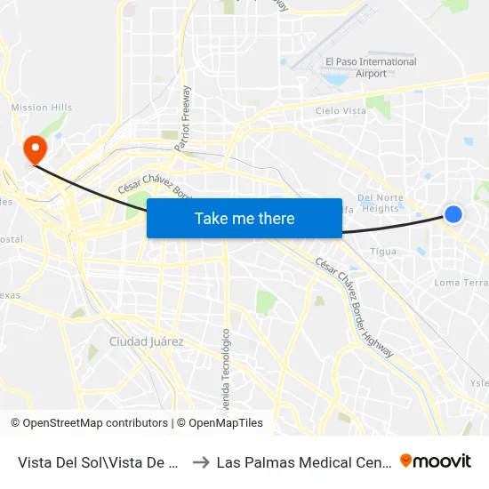 Vista Del Sol\Vista De Oro to Las Palmas Medical Center map