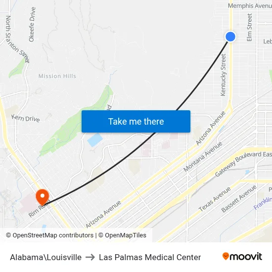 Alabama\Louisville to Las Palmas Medical Center map