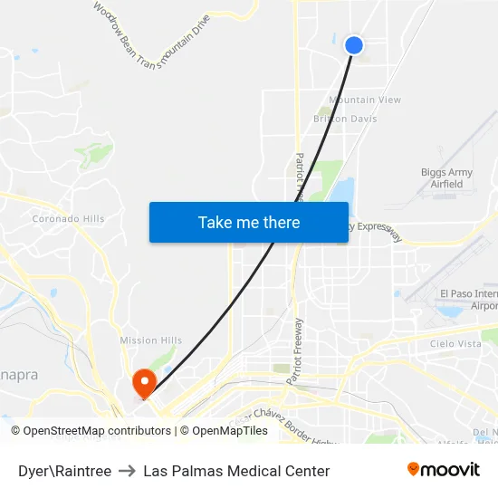 Dyer\Raintree to Las Palmas Medical Center map