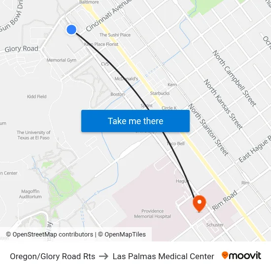 Oregon/Glory Road Rts to Las Palmas Medical Center map