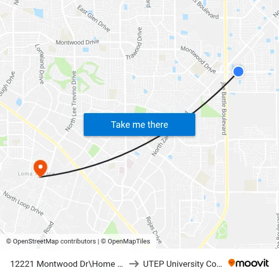 12221 Montwood Dr\Home Depot to UTEP University College map