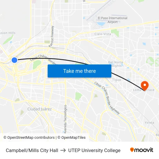 Campbell/Mills City Hall to UTEP University College map