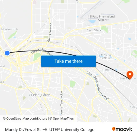 Mundy Dr/Fewel St to UTEP University College map